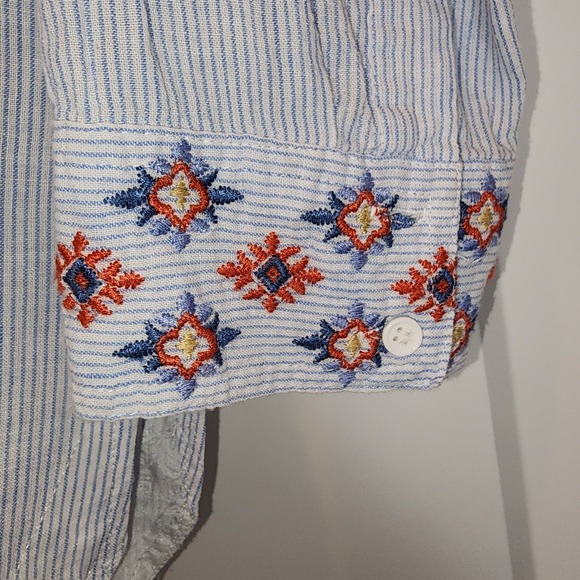 Johnny Was Women Small Blue White Stripe Embroidered Floral Boho Tunic Top Shirt - Picture 4 of 11